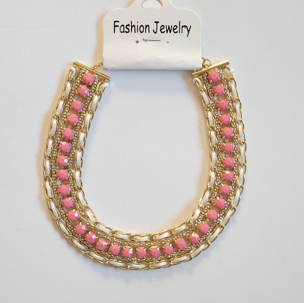 New! Statement Necklace Gold-tone Pink Double Row Fashion Necklace Boho Necklace